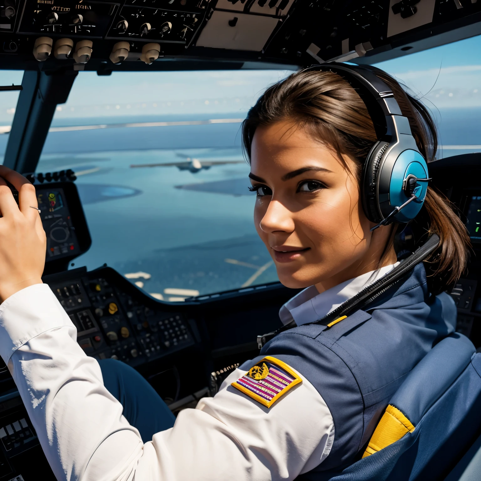 female pilot in cockpit