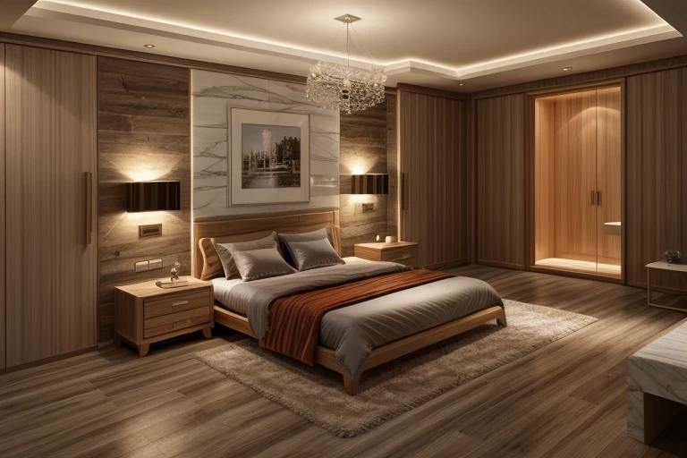 luxury master bedroom, timber floor, marble wall, night time, warm lighting RAW Photo, RAW texture, Super Realistic, 32K UHD, DSLR, soft lighting, high quality, film rating, Fujifilm XT3 