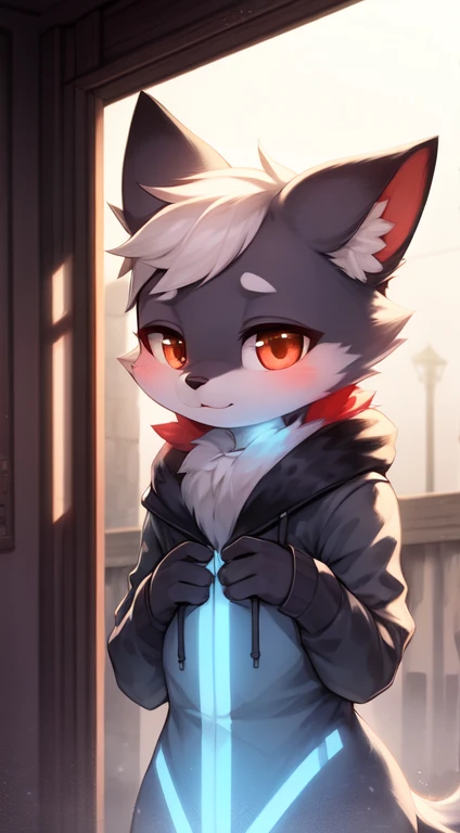 furry, white fur, ultra cute face, red elements on fur, glowing t-shrt, beautiful lights and shadows, ambient light, ultra detailed fur, volumetric light
