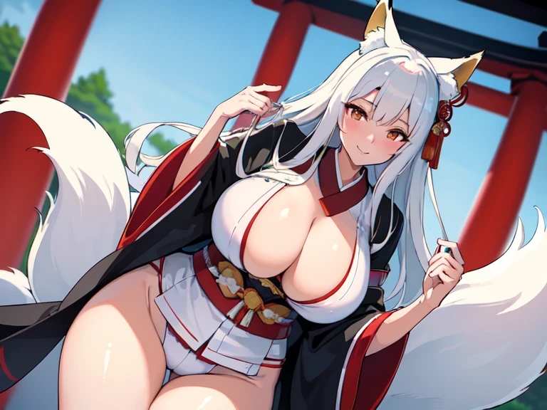 (((masterpiece))),(((best qualtiy))),((Ultra detail)),(illustration),huge tit,Exposed kimono,Kitsune wife in Shinto shrine, Facing the audience ,Take off half of your kimono,Long straight black hair,Largest breasts,Clean smooth and delicate white silk long legs,Gorgeous red Japanese kimono , Fox ears and nine fox tails , Thicc thighs , Seductive smile