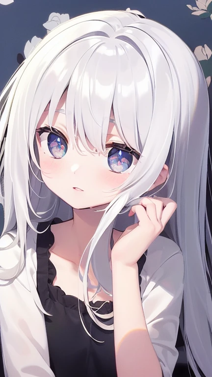 ((masterpiece, best quality))++, Detail lights+,  detail hair+, Detail hand+ ,1 girl, Honey, long gray hair,   dark blue eyes,  beautiful eyes, Young gray hair,,(beautiful white hair:1.5),(beautiful eyes),    high resolution+,   black stockings  ， a white pajamas, Glass tones, Reflective eyeanyery detail wallpaper, The original, ,Headband ，Nature，White rose