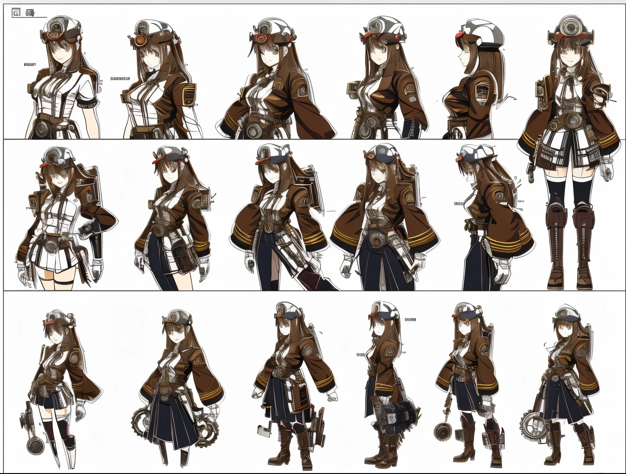 Japanese manga style character sheet of cyberpunk girl, (masterpiece,best quality,absurdres,lineart:1.2),(character sheet:1.3),(same face:1.1),1girl,Photorealistic masterpiece, beautiful young lady, revealing outfit, steam powered engine engineer, retro futuristic steampunk universe, steampunk gadgets, cogs, gears, steam powered machines