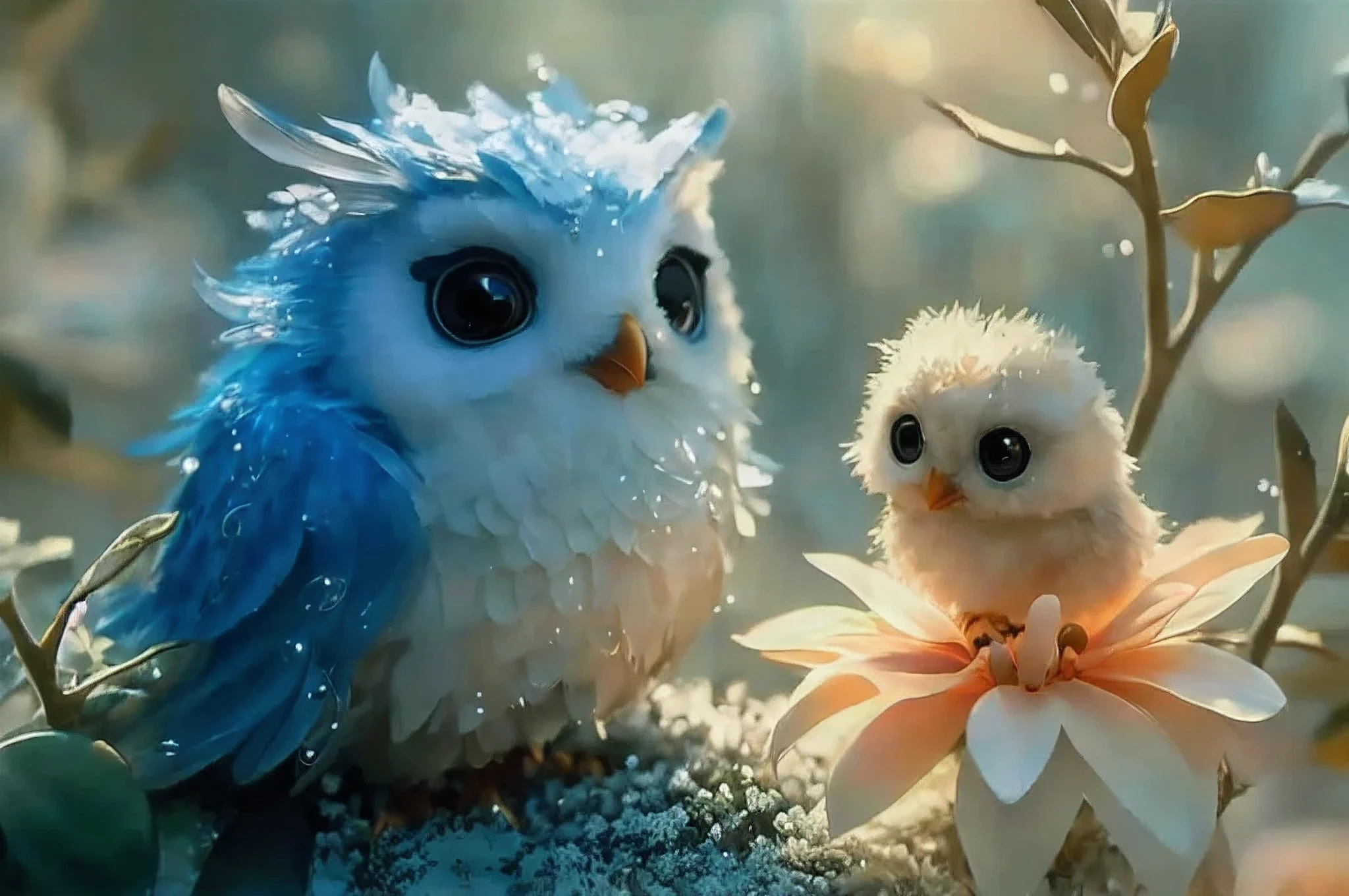 Two little birds are perched next to each other on a flower, adorable digital painting, cutedigital art, Cute owl, cute detailed digital art, Beautiful and cute, beautiful digital artwork, Dream animal cute eyes, 🎁 With a fluffy owl, nice and cute, cute creatures, cute、adorable, Cute and adorable, glowing owl, glowing white owl, beautiful digital art