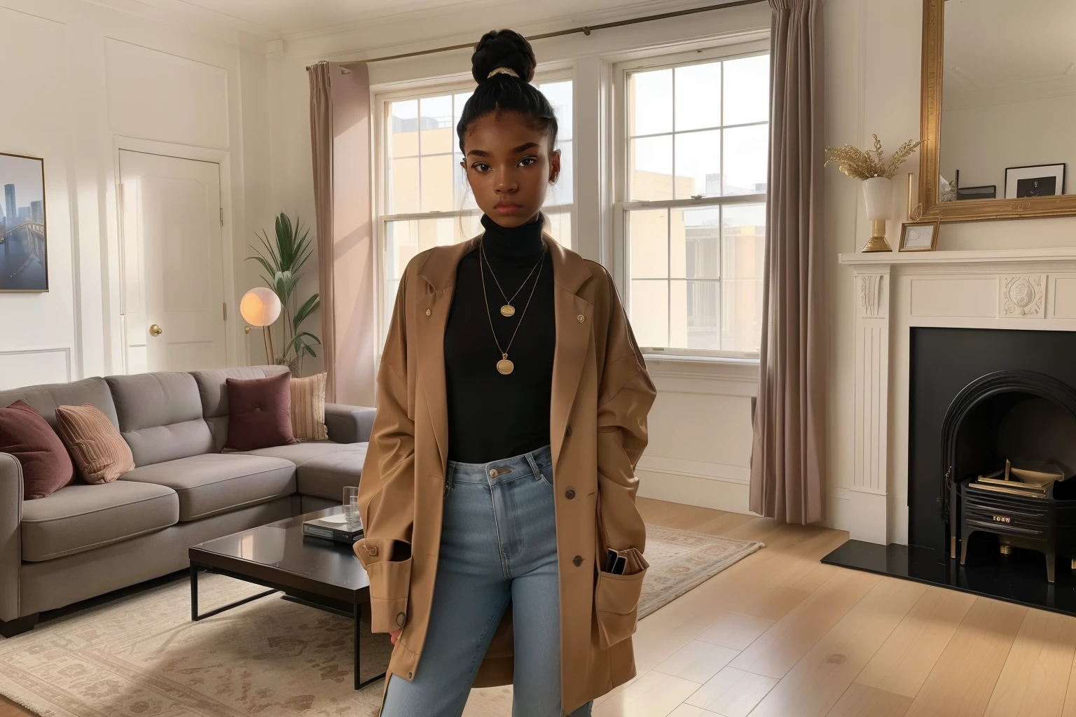 London, 2023. A young ((((19-year-old)) Maia Allen)), skinny, standing in the living room of a luxurious mansion, bracing herself, ((intimidated expression)), ((((casual clothings from the 2020s)))), ((hairstyle of the 2020s))