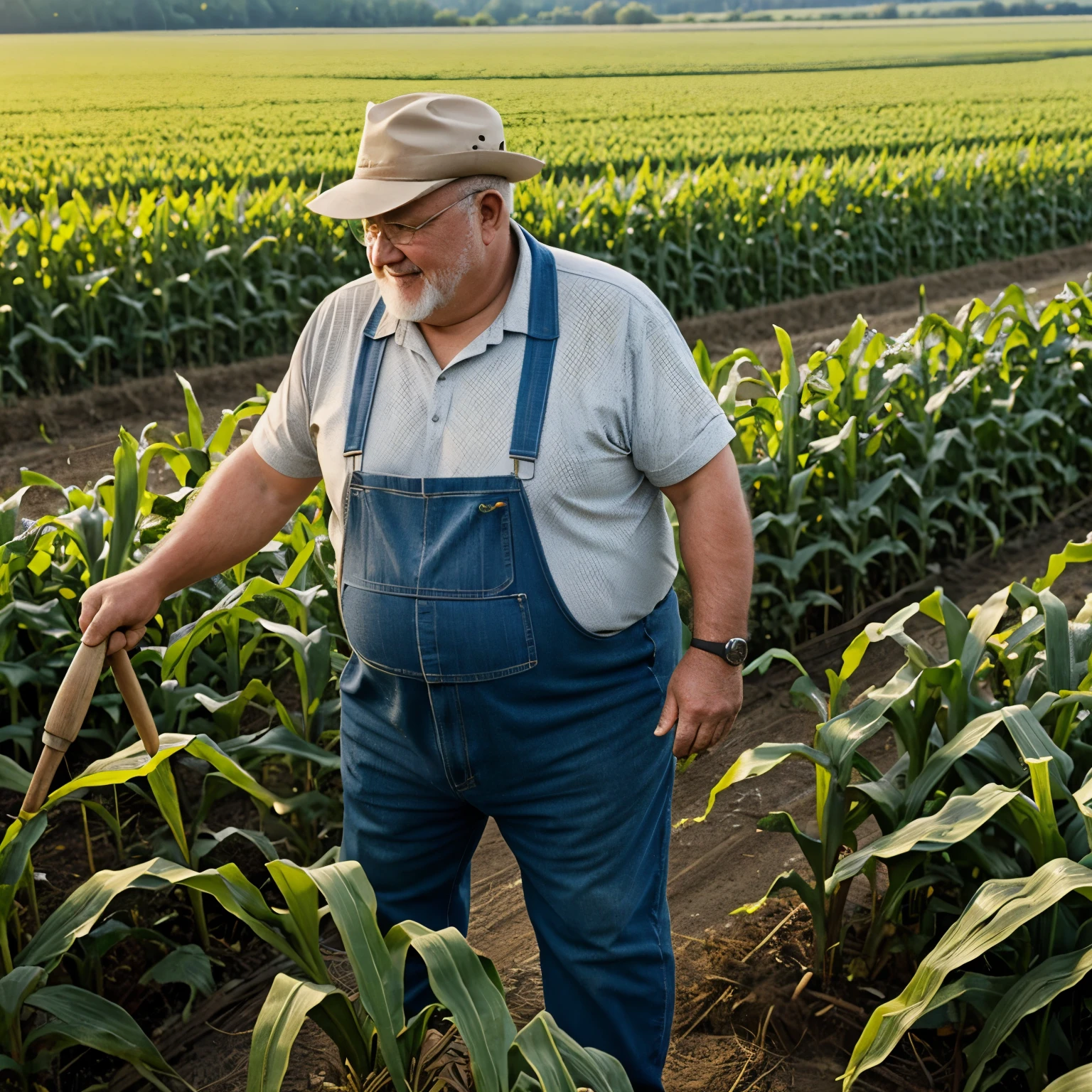 farmer, old fat man, sunny, working on corn field, happy