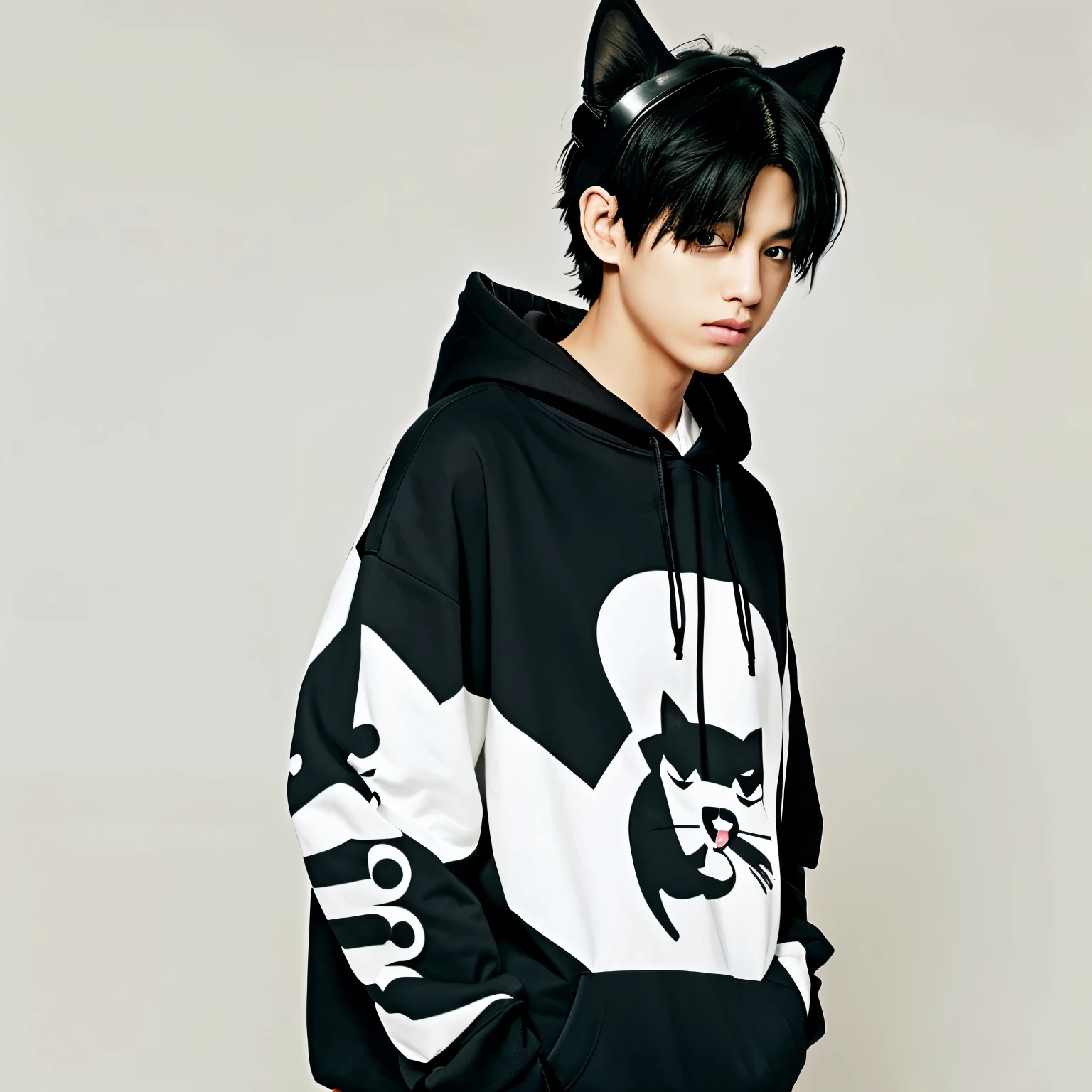 cat ears hoodie、Black hair boy、An illustration