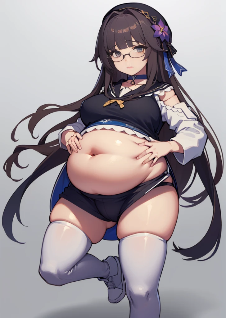 (masterpiece, best quality, highly detailed), 1girls, big belly, blurry background, huge belly, art by kipteitei, round belly, chubby, curvy, simple_background, gradient_background, belly grab, enormous belly, fat belly, thicc, bigger belly, really big belly, jiggly belly, shirt covering belly, belly cover by shirt, glasses, gym clothes, thighhighs, ((full body)), long hair