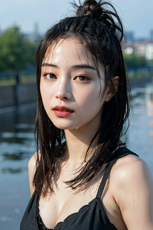 ((highest quality, 8K, masterpiece: 1.3)), sharp: 1.2, perfect body beauty: 1.4, big breasts,exposing cleavage,slim abs: 1.2, ((layered hairstyles, big: 1.2)), dancer, (rain, street: 1.2), Wet: 1.5, Highly detailed face and skin texture, fine eyes, double eyelid, Looking at the camera