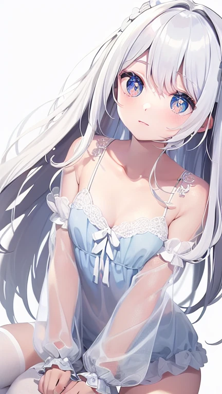 ((masterpiece, best quality))++, Detail lights+,  detail hair+, Detail hand+ ,1 girl, Honey, long gray hair,   dark blue eyes,  beautiful eyes, Young gray hair,,(beautiful white hair:1.5),(beautiful eyes),    high resolution+,   black stockings  ， a white pajamas, Glass tones, Reflective eyeanyery detail wallpaper, The original, ,Headband ，Nature，White rose