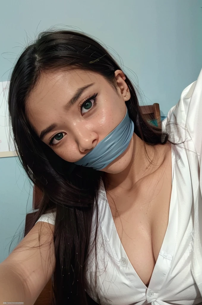 masterpiece, best quality, highres, female, 1girl, wearing indonesian high , selfie, close up, black long hair with front bang, white shirt, light blue tie, 17 yo, green wall, gagged, ball gag, tape gag