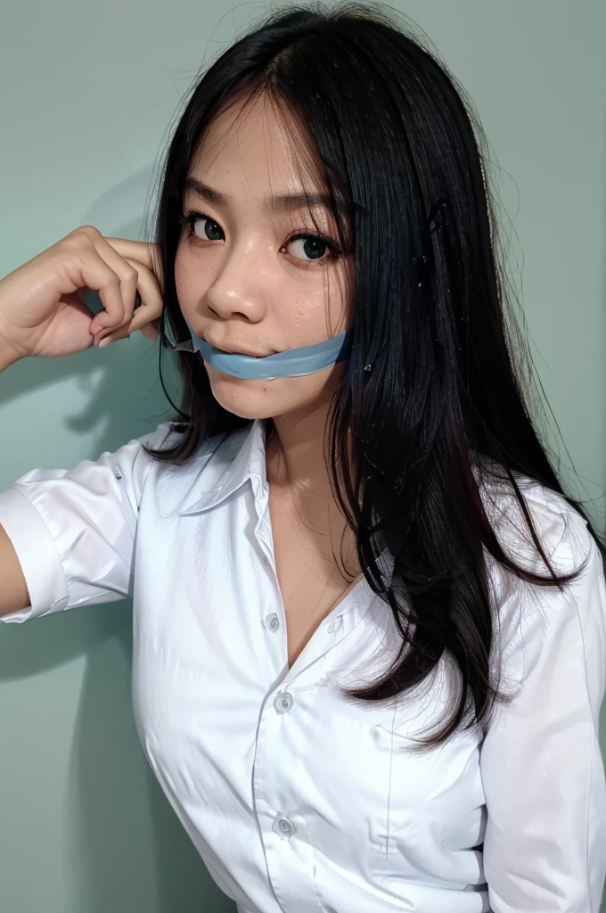 masterpiece, best quality, highres, female, 1girl, wearing indonesian high , selfie, close up, black long hair with front bang, white shirt, light blue tie, 17 yo, green wall, gagged, ball gag, tape gag