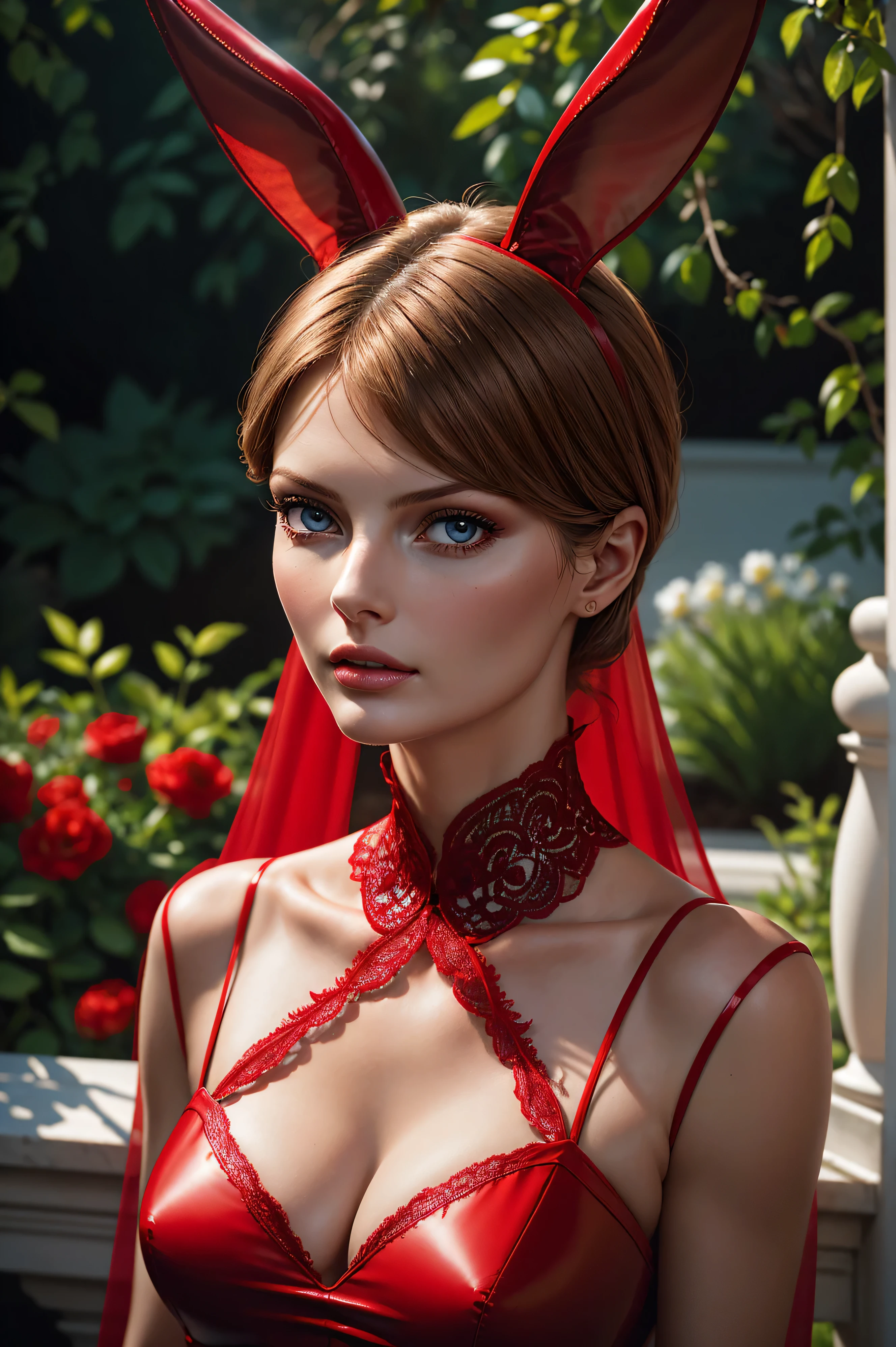 Linda Evangelista,, wearing red bunny costume transparent. professionally retouched, soft lighting, realistic, smooth face, perfect eyes, sharp focus on eyes, 8 k, high definition, insanely detailed, intricate, elegant. against the background of the garden.