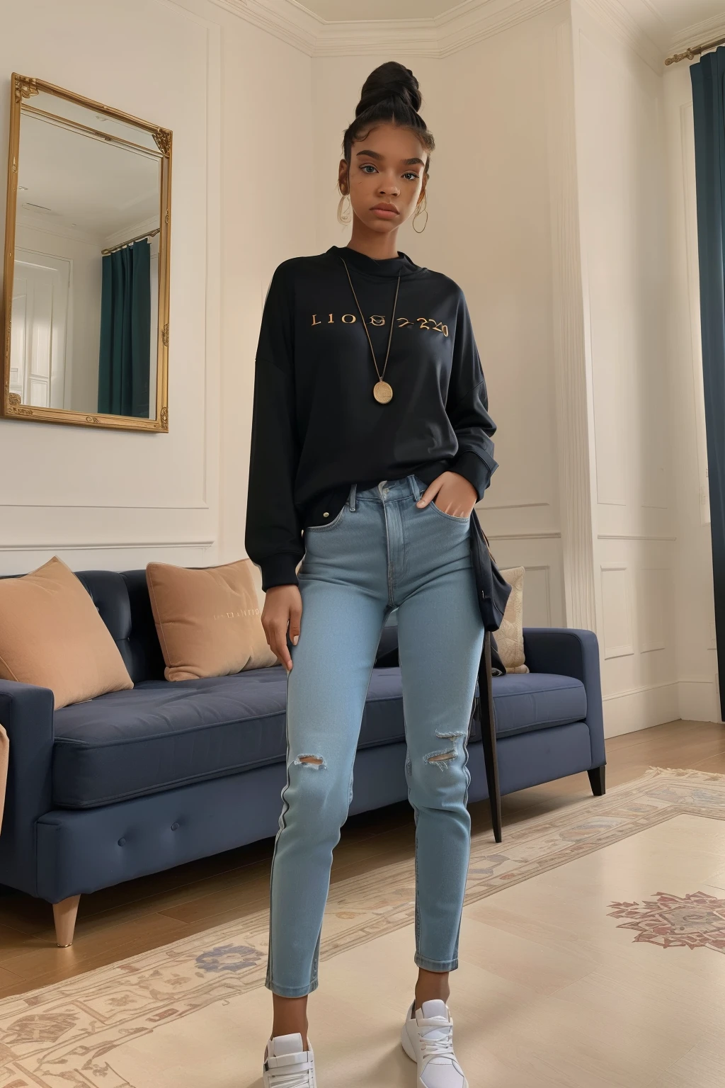 London, 2023. A young ((((19-year-old)) Maia Allen)), skinny, standing in the living room of a luxurious mansion, bracing herself, ((intimidated expression)), ((((casual clothings from the 2020s)))), ((hairstyle of the 2020s)) 