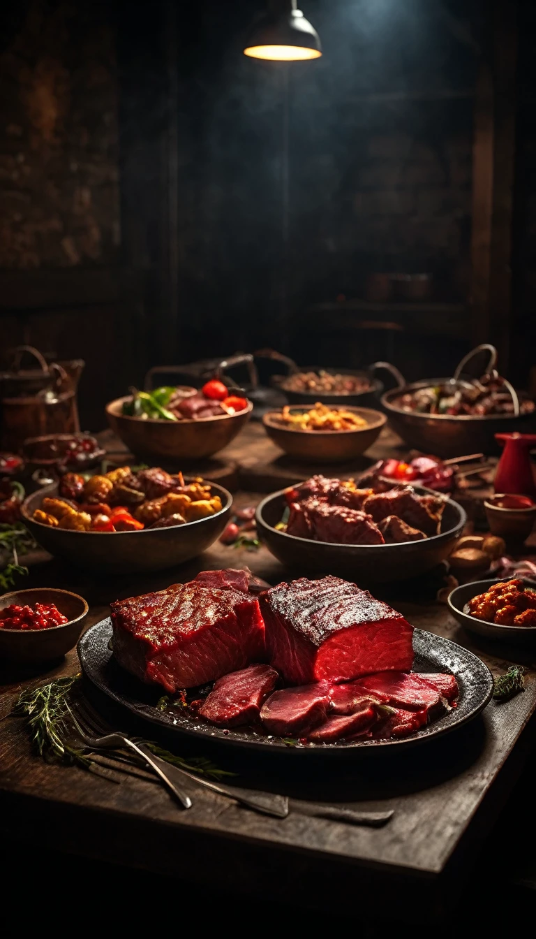 Display meat dishes placed on a separate table or pushed aside, symbolizing his aversion to consuming animal products, background dark, hyper realistic, ultra detailed hyper realistic, photorealistic, Studio Lighting, reflections, dynamic pose, Cinematic, Color Grading, Photography, Shot on 50mm lens, Ultra-Wide Angle, Depth of Field, hyper-detailed, beautifully color, 8k