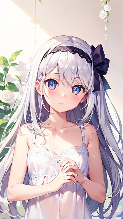 ((masterpiece, best quality))++, Detail lights+,  detail hair+, Detail hand+ ,1 girl, Honey, long gray hair,   dark blue eyes,  beautiful eyes, Young gray hair,,(beautiful white hair:1.5),(beautiful eyes),    high resolution+,   black stockings  ， a white pajamas, Glass tones, Reflective eyeanyery detail wallpaper, The original, ,Headband ，Nature，White rose