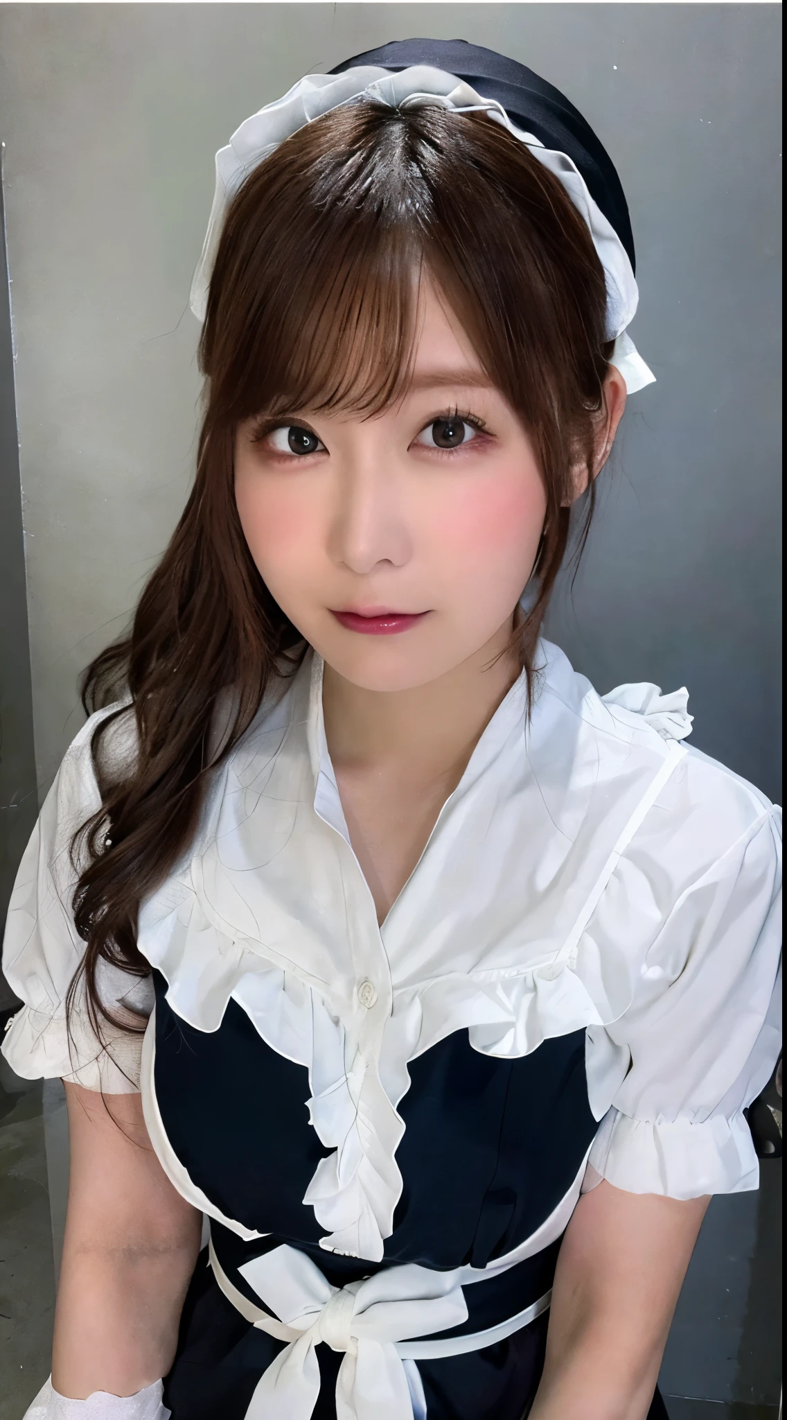 Highest quality、Photorealistic、8k、High resolution、1 girl、woman、(Skin dents)、(Professional Lighting)、(Portrait:0.6)、(Maid clothes:1.7)、Gorgeous、((Brown Hair))、(Medium Hair:1.6) )、(Fluttering Hair:1.4)、(1. Girl looking at the camera:1)、((1. Girl looking at the camera:1.6))、(1. Girl looking at the camera)、Photorealistic、(Bokeh Depth of Field)、(Portrait:0.6)、(Dynamic pose:1.2)、masterpiece、Complex、Lively、Sharp focus、Award-winning photo、software、(Laughter:1)、Yua Mikami, ((Very huge face bigger breasts:1.45))