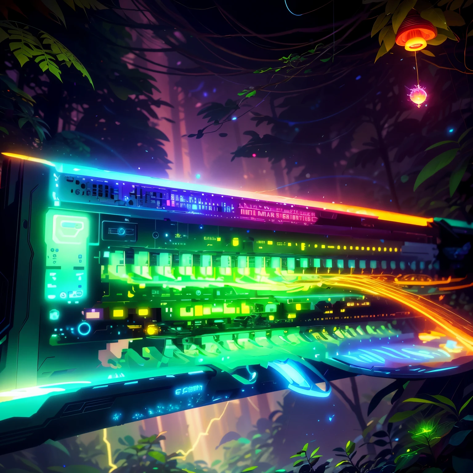 A futuristic switch,"Ethereal rose, adorable animal, glowing little mushrooms surrounded by delicate foliage and branch, and firefly and glowing particle effect", (natural elements), (jungle theme), (foliage), (branch), (firefly), Butterfly, (delicate foliage), (glow), (particle effect), Surreal, super detailed, dramatic lightning, 4K, masterpiece,
