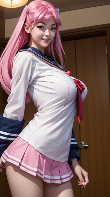 Best quality, insane quality, hot 18 years old girl, otome, otome dori, hot tall and slender body (Anatomically correct proportions ), sexy position, ((taking off the sailor uniform with big pretty tits showing ), long sleeve)), realistic pretty butt crack, grinning seductive smile, very long pink hair, 4k
