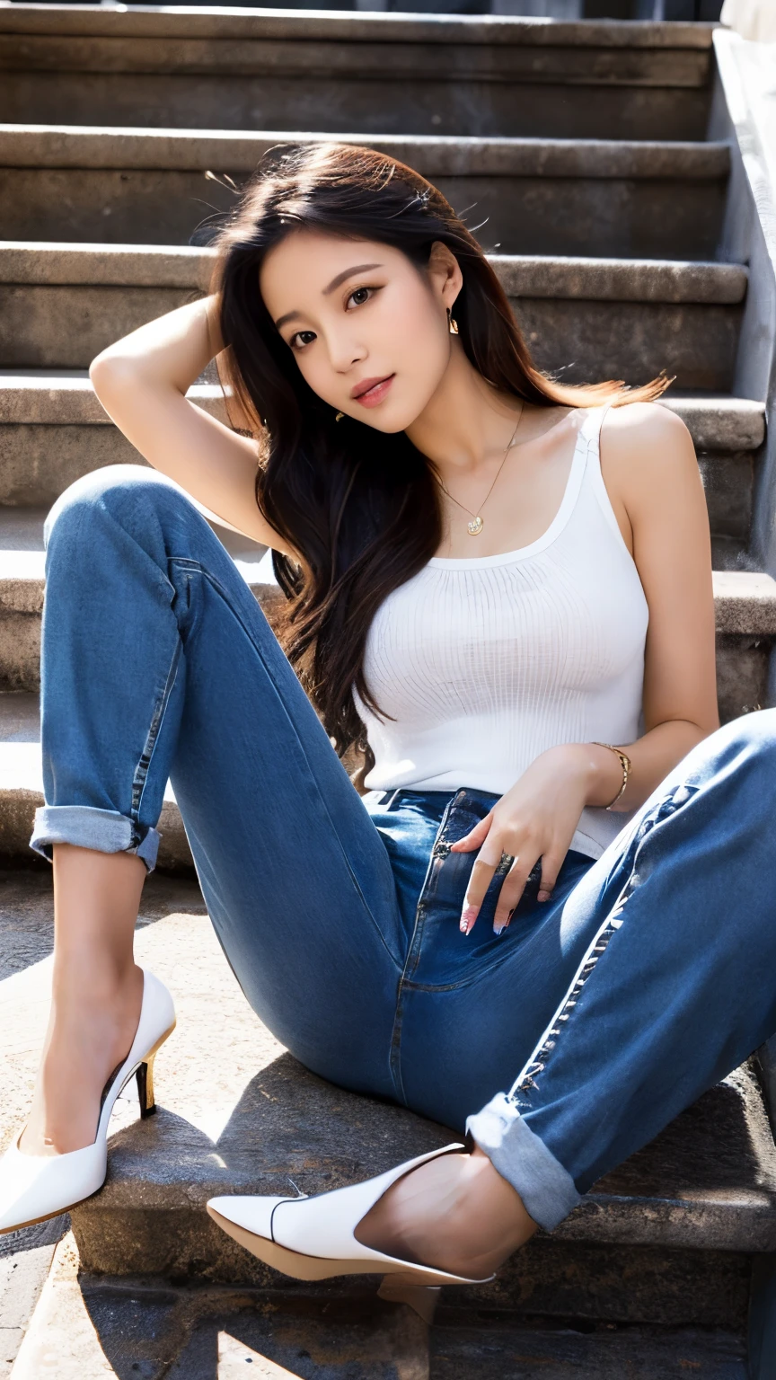 A woman in jeans with her legs open