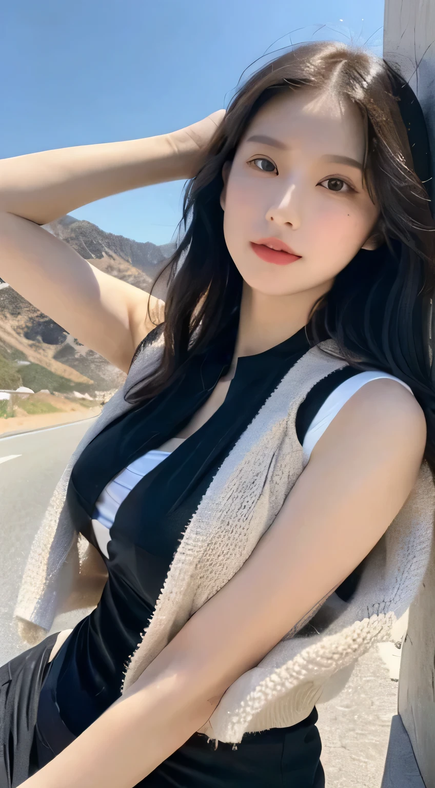 Big breasts,Buttocks,long legs,Vest line,exquisite eyes,White skin,long hair,black hair,Highly detailed facial and skin textures,Hot body,whole body,California Highway 1,coastline,Sunny,blue sky,Baiyun,supercar,8k,masterpiece,best quality