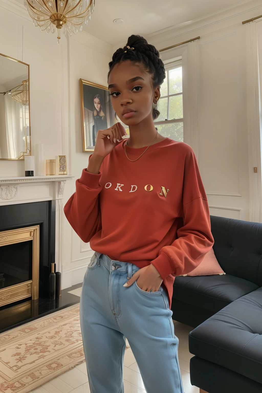 London, 2023. A young ((((19-year-old)) Maia Allen)), skinny, standing in the living room of a luxurious mansion, hugging herself, ((intimidated expression)), ((((casual clothings from the 2020s)))), ((hairstyle of the 2020s)) 