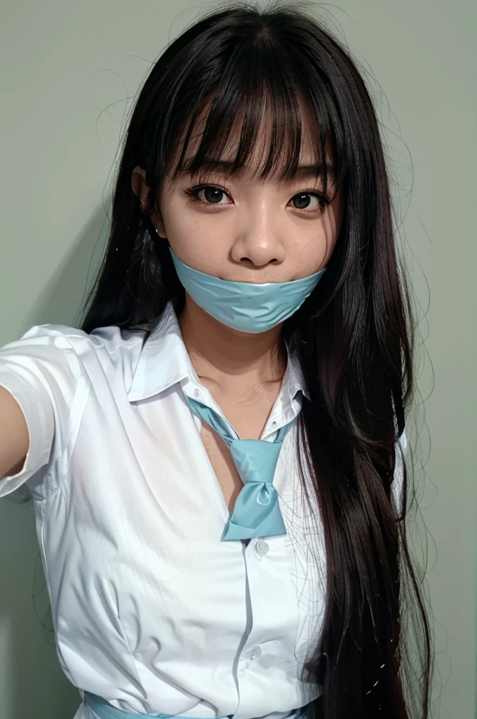 masterpiece, best quality, highres, female, 1girl, wearing indonesian high , selfie, close up, black long hair with front bang, white shirt, light blue tie, 17 yo, green wall, gagged, ball gag, tape gag, wrap gag