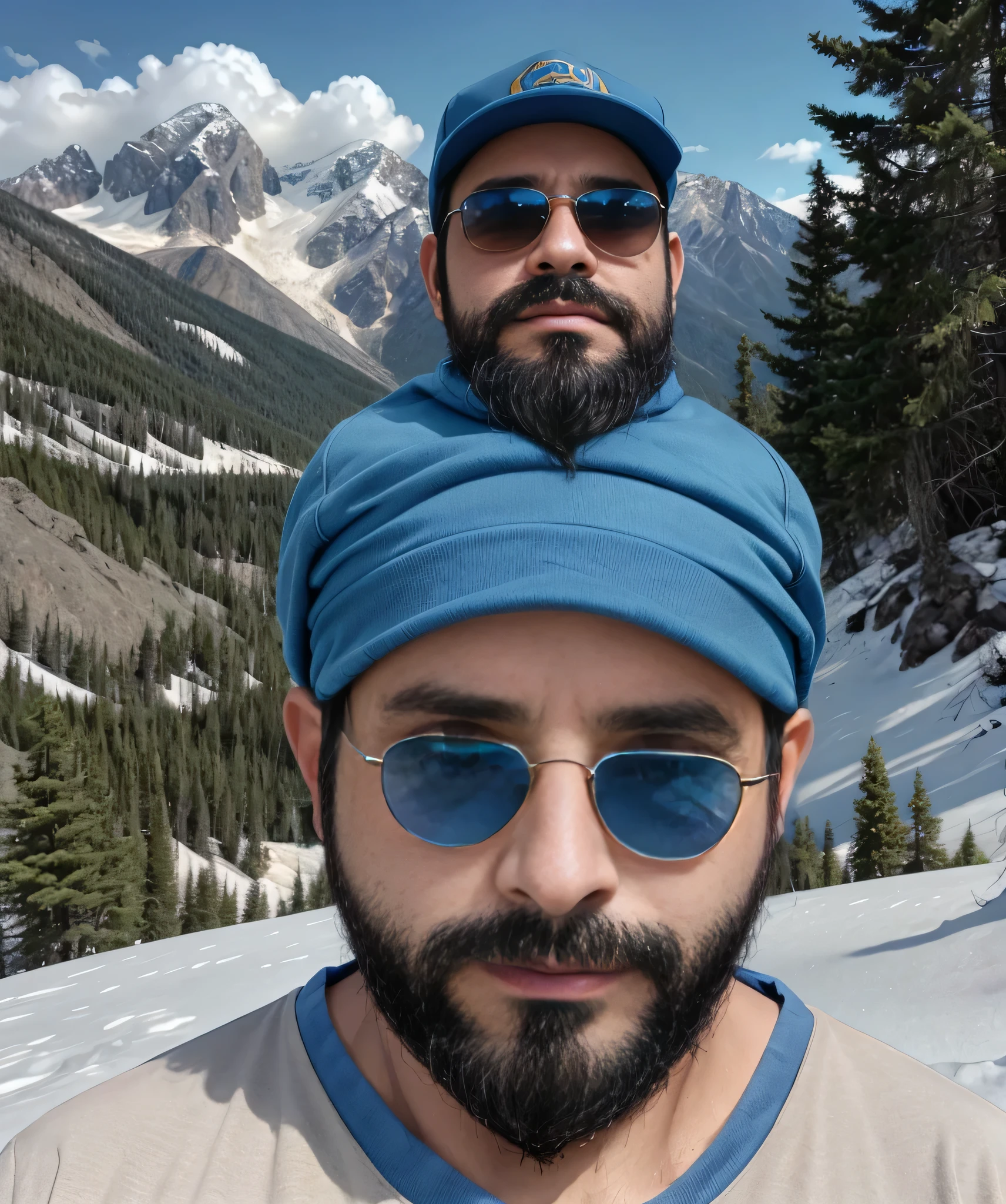 Parte superior del cuerpo, 38 year old man with beard and sunglasses. Hombre vistiendo playera azul y gorra, caminando en la nieve con nubes de fondo , muy hermoso. Super polished and cool, plano medio de un guapo.
