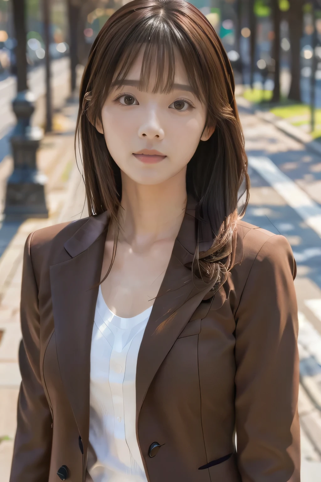 masterpiece, highest quality, Photoreal, Super detailed, finely, High resolution, 8k wallpaper, Professional, Advanced level of detail, ((One female college student:1.2)), Slender Japanese women,, detailed clavicle, Medium chest、perfect face, (Front facing:1.2)、(Medium long hair with bangs:1.2), chestnut hair、(brown suit:1.5)、cute face、(looking straight ahead:1.5)、(brown skin:1.5)、full body shot
