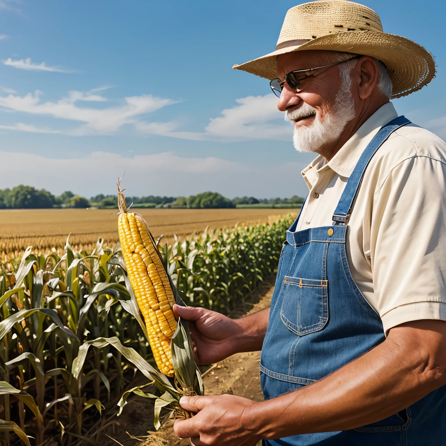 farmer, old man, sunny, working on corn field, happy, looking at cam