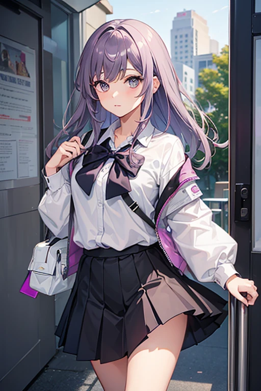 Anime Girls with purple hair and a black jacket and a pink bow, Anime Moe Art Style, artwork in the style of Gwaiz, Soft anime illustration, Zerochan Art, Gwaiz, Painted in an anime artist&#39;s studio, Surreal女子高生, Smooth anime CG art, Anime art style, Yandere. expensive, Anime Girls, Surreal 