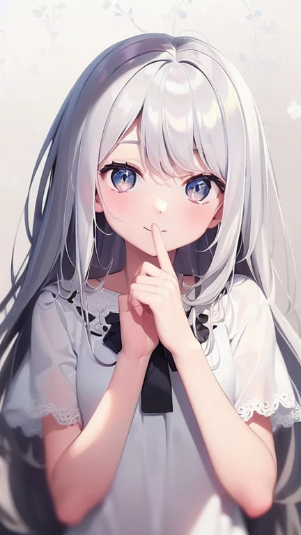 ((masterpiece, best quality))++, Detail lights+,  detail hair+, Detail hand+ ,1 girl, Honey, long gray hair,   dark blue eyes,  beautiful eyes, Young gray hair,,(beautiful white hair:1.5),(beautiful eyes),    high resolution+,   black stockings  ， a white pajamas, Glass tones, Reflective eyeanyery detail wallpaper, The original, ,Headband ，Nature，White rose