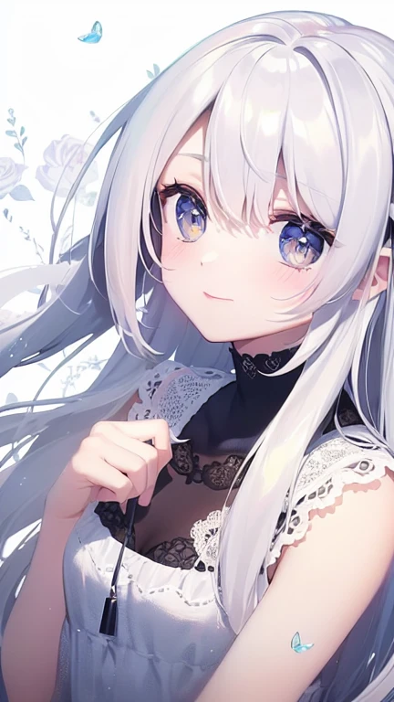 ((masterpiece, best quality))++, Detail lights+, detail hair+, Detail hand+ ,1 girl, Honey, long gray hair, dark blue eyes, beautiful eyes, Young gray hair,,(beautiful white hair:1.5),(beautiful eyes), high resolution+, black stockings , a white pajamas, Glass tones, Reflective eyeanyery detail wallpaper, The original, ,Headband ,Nature,White rose,A girl under the stars