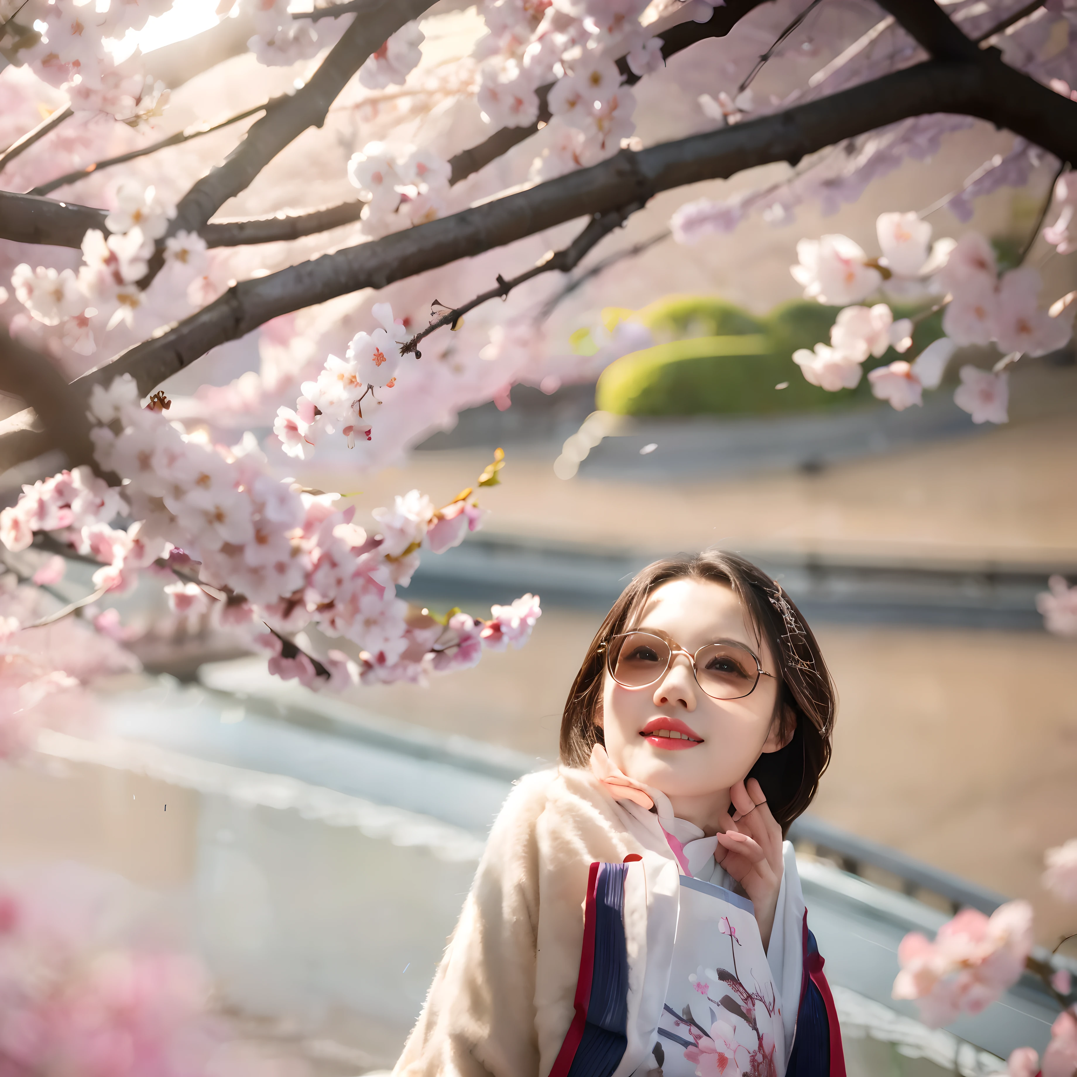 (highres,realistic:1.2),detailed facial features,traditional Chinese costume,beautiful cherry blossoms,soft sunlight,ethereal atmosphere,delicate makeup,long flowing hair,graceful pose,peaceful expression,vivid colors,subtle shadows,studio lighting