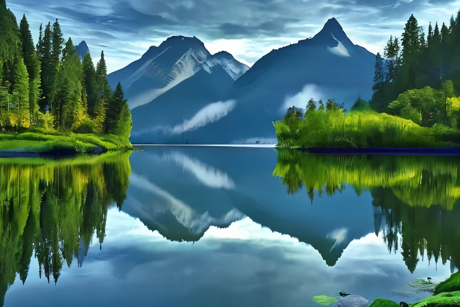 Reflections shimmer in the serene waters, mirroring the majestic silhouette of towering mountains and lush forests. This stunning photograph captures the beauty of nature mirrored back to us, with crisp details and vibrant colors that bring the scenes to life. The calm, glassy surface of the water perfectly reflects the intricate landscapes, creating a mesmerizing image that evokes a sense of tranquility and awe.