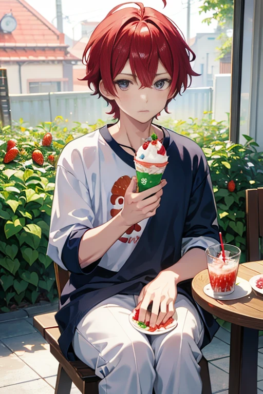 1 boy, happy, smilling, kitchen, eating cake, frosting around mouth, messy eating, cake