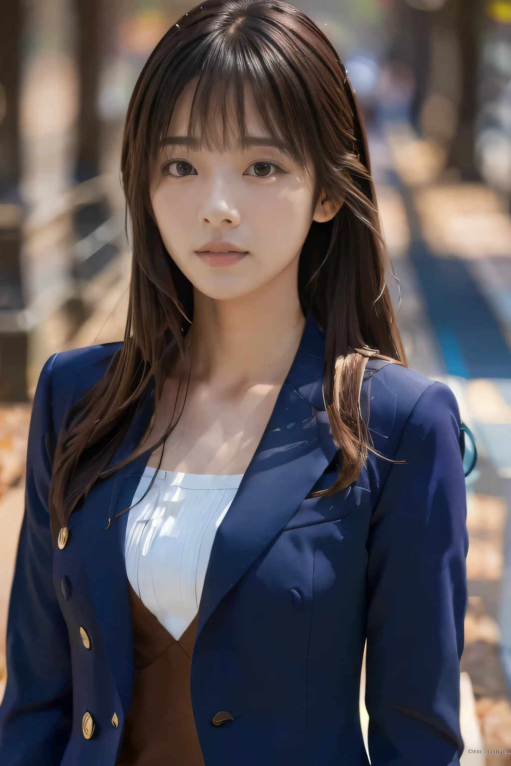 masterpiece, highest quality, Photoreal, Super detailed, finely, High resolution, 8k wallpaper, Professional, Advanced level of detail, ((One female college student:1.2)), Slender Japanese women,, detailed clavicle, Medium chest、perfect face, (Front facing:1.2)、(Medium long hair with bangs:1.2), chestnut hair、(dark blue suit:1.5)、cute face、(looking straight ahead:1.5)、(brown skin:1.5)、full body shot