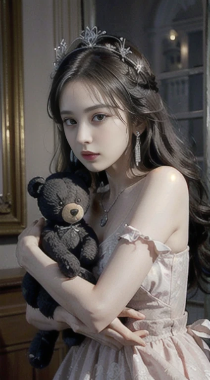 ((highest quality)), ((masterpiece)), (very detailed: 1.3), 3D, neon black, alone, Rose, (Strange pendant on chest: 1.2), (wearing a Rose decorative dress: 1.2), (hugging a teddy bear: 1.2), Gorgeously dressed, (wearing a crown: 1.2), A candle flickers with an eerie light, (White bleed: 1.1), contemptuous eyes, In the ruined castle, Towards the window, sony master shot, full body, long legs