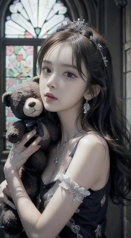 ((highest quality)), ((masterpiece)), (very detailed: 1.3), 3D, neon black, alone, Rose, (Strange pendant on chest: 1.2), (wearing a Rose decorative dress: 1.2), (hugging a teddy bear: 1.2), Gorgeously dressed, (wearing a crown: 1.2), A candle flickers with an eerie light, (White bleed: 1.1), contemptuous eyes, In the ruined castle, Towards the window, sony master shot, full body, long legs