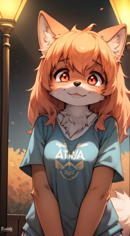 (furry, white fur, cute face, red elements on fur, glowing t-shirt),best illumination,best shadow,ambient light,(ultra detailed fur:1.3),(volumetric light:1.2)