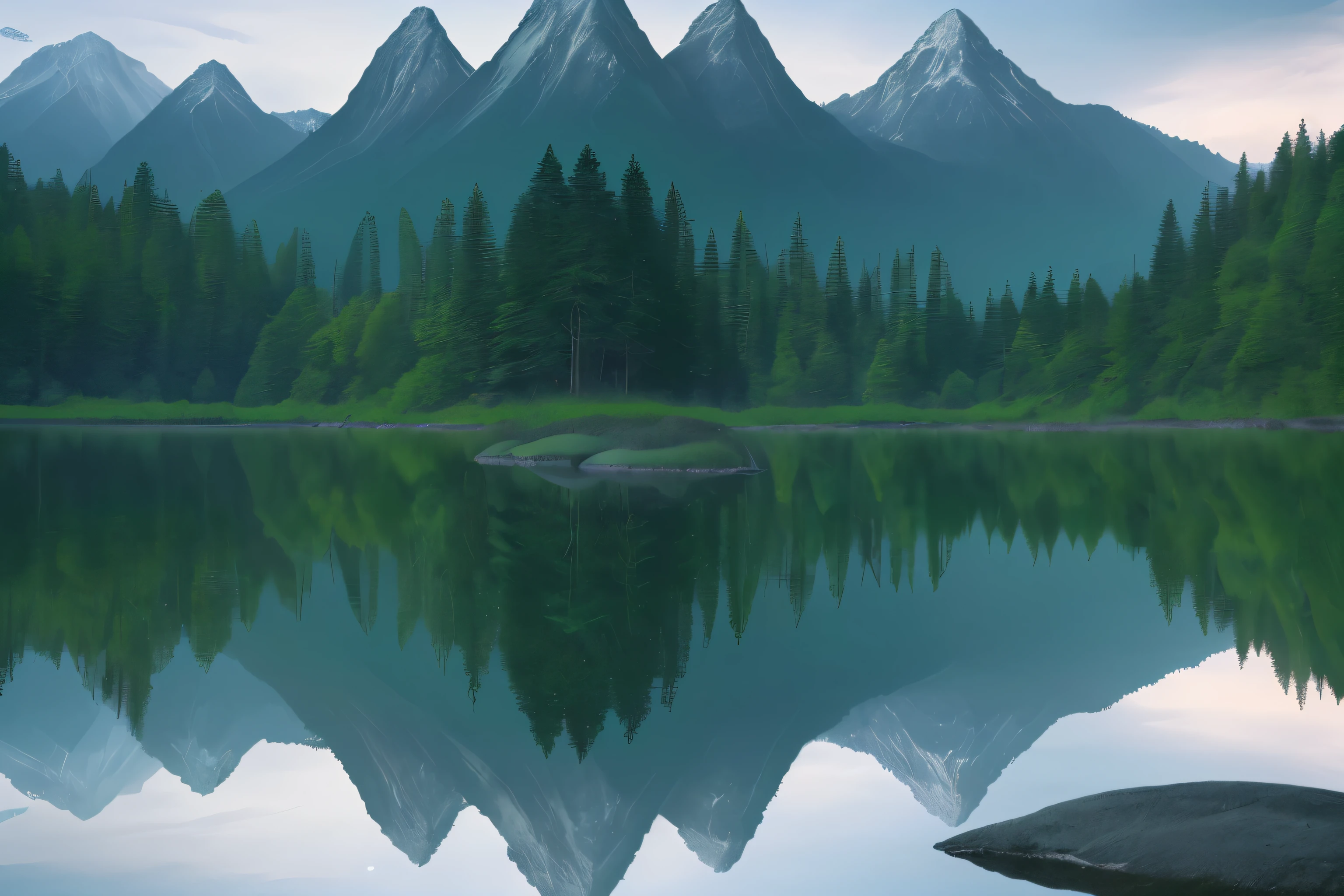 Reflections shimmer in the serene waters, mirroring the majestic silhouette of towering mountains and lush forests. This stunning photograph captures the beauty of nature mirrored back to us, with crisp details and vibrant colors that bring the scenes to life. The calm, glassy surface of the water perfectly reflects the intricate landscapes, creating a mesmerizing image that evokes a sense of tranquility and awe.