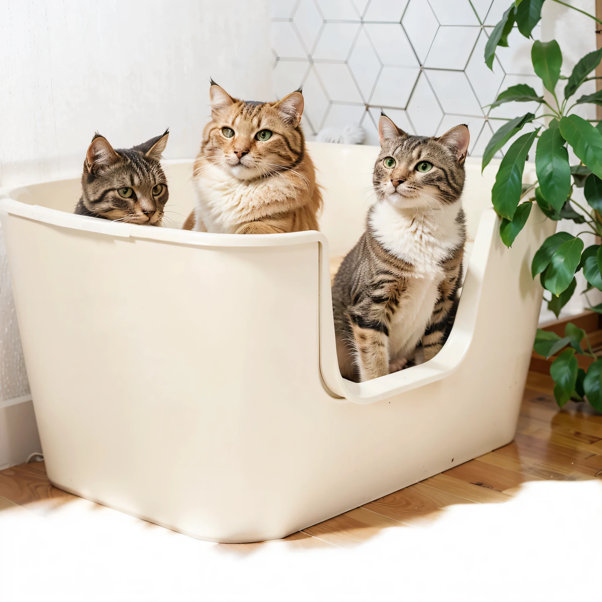 Three cats in the litter box，Ultra-realistic light and shadow，Photographs，Wood floor，Cozy interior，green plants，Product photography，Sense of luxury