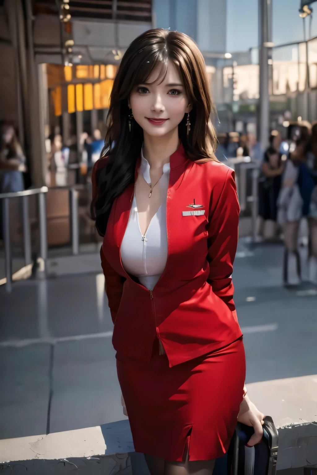 (masterpiece:1.2, highest quality:1.2), 32K HDR, High resolution, (alone, 1 girl), （Realistic style of AirAsia stewardess uniform）, neat woman, beautiful face, dark brown hair, (long hair down to waist), (red jacket:1.1, Unzipped jacket, unbuttoned white shirt:1.05, red mini skirt:1.1, pantyhose), perfect slim body:1.1, huge breasts, huge breastsの谷間, detailed skin texture, fine eyes, (smile:1.2), necklace、earrings、(forward leaning posture:1.5, Simple white background),blue eyes、full body shot