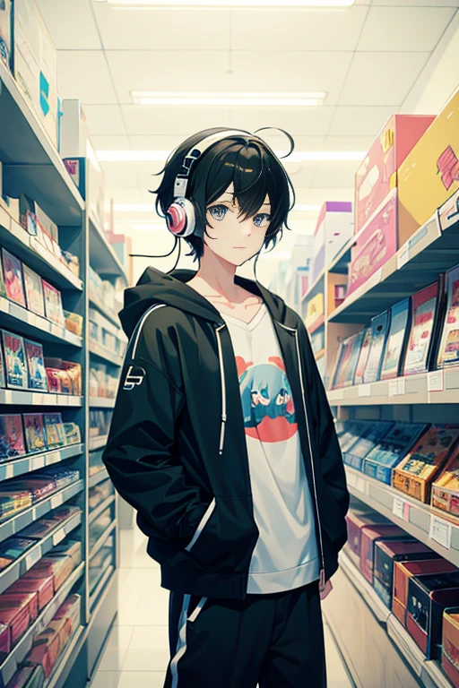 anime boy with headphones listening to music in a store, nightcore, anime moe artstyle, [[[[grinning evily]]]], 2 d anime style, anime boy, lofi artstyle, mikudayo, anime vibes, lofi portrait, inspired by Bian Shoumin, high quality anime artstyle, anime artstyle, anime style 4 k