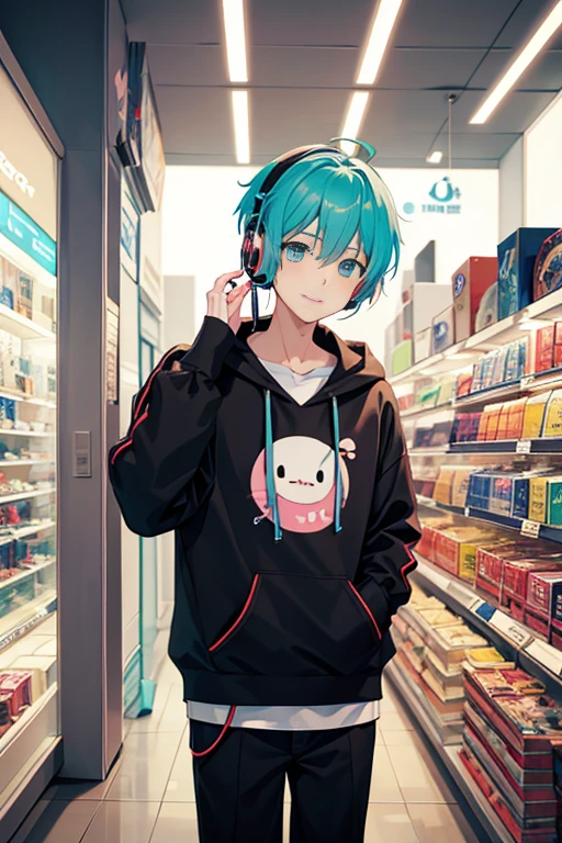 anime boy with headphones listening to music in a store, nightcore, anime moe artstyle, [[[[grinning evily]]]], 2 d anime style, anime boy, lofi artstyle, mikudayo, anime vibes, lofi portrait, inspired by Bian Shoumin, high quality anime artstyle, anime artstyle, anime style 4 k