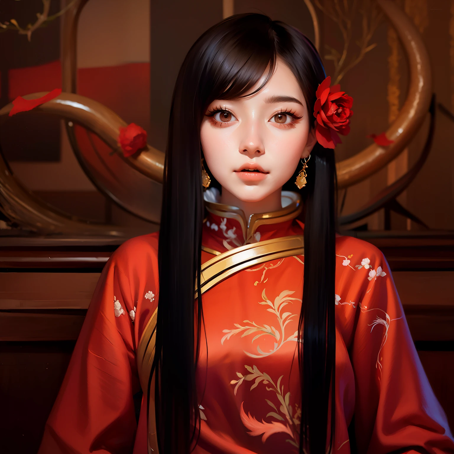 there is a woman with long black hair wearing a red dress, artwork in the style of guweiz, jingna zhang, palace ， a girl in hanfu, beautiful character painting, beautiful digital artwork, a beautiful artwork illustration, guweiz, gorgeous digital painting, chinese girl, beautiful digital painting, inspired by Yun Du-seo, by Yu Zhiding