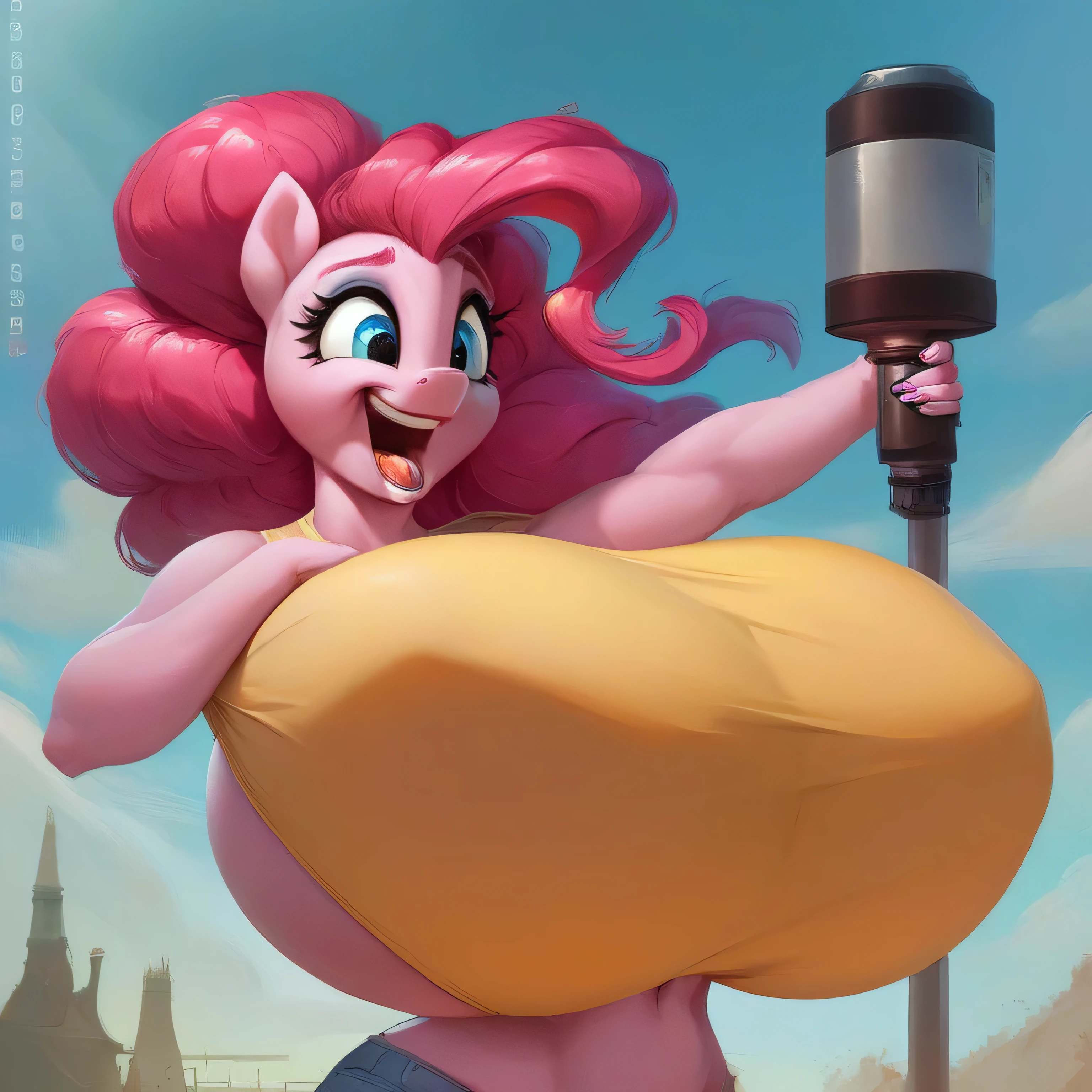 score_9, score_8_up, score_7_up, score_6_up, score_5_up, source pony,  pinkie pie, rating_safe, cute face, huge Breast large_implants (Breast Expansion) implants blow up breast_expansion large inflated silicone breasts like a blimp, huge overfilled round inflated breasts, extrem large spherical She wants to have the biggest breasts in the world she uses an air pump to inflate her breasts so big get bigger and bigger the tubes are connected to the breasts expecting that growth