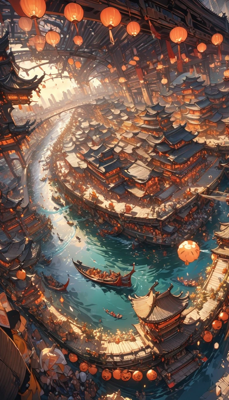 (masterpiece, best quality:1.2),Along the River During Qingming Festival，Horizontal layout, High resolution, best quality, Super detailed, Dynamic angle, floating, Bustling city landscape, intricate details, architecture, flowing river, bright colors, Volumetric lighting, Crowded boats and bridges, Rich cultural background.