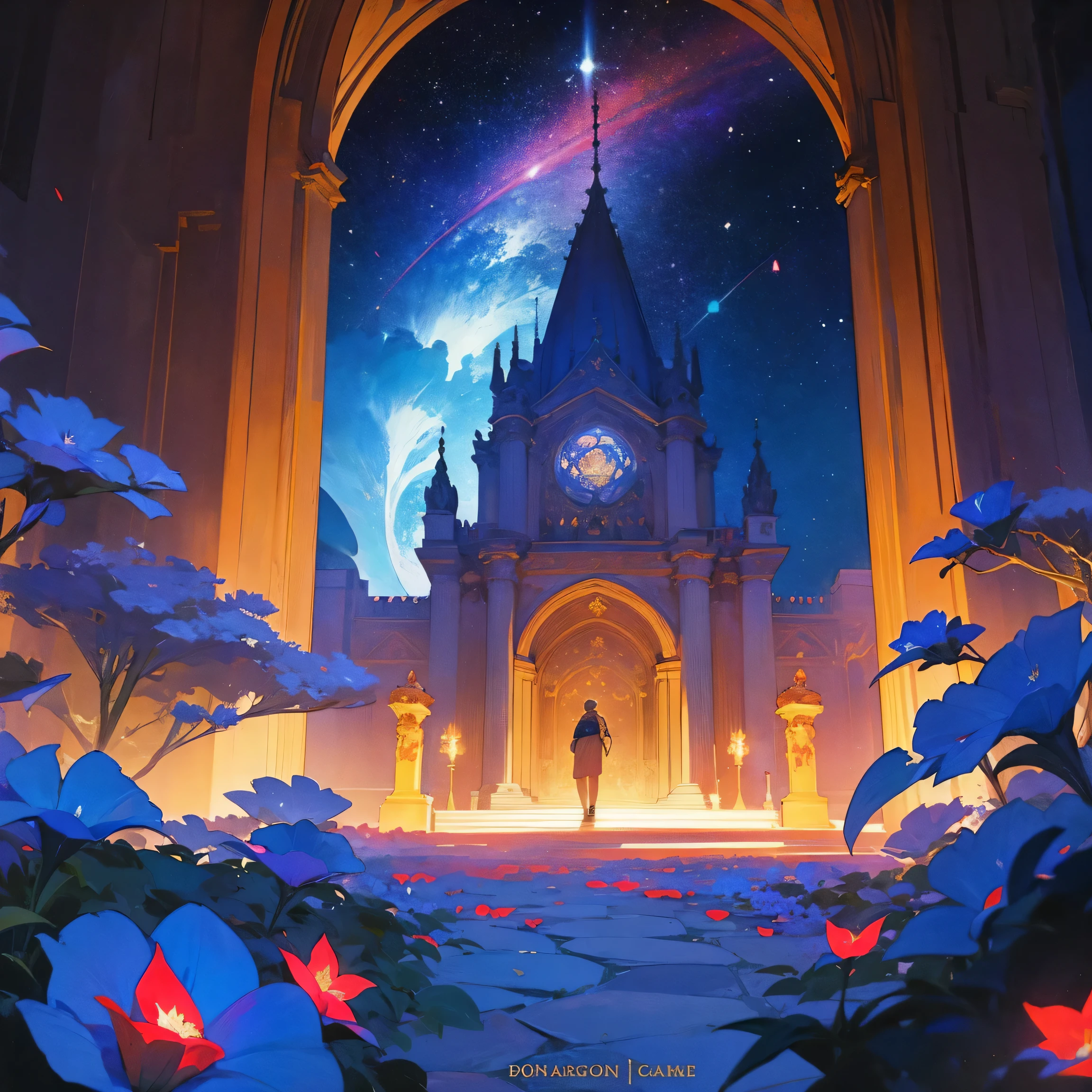 At the front of the scene is the large framed by a captivating garden filled with vibrant red and blue flowers capturing the celestial splendor of the Star Library described in the passage. The scene unfolds with the towering spires of the Star Library reaching towards the star-studded heavens, their celestial architecture intricately detailed and illuminated by the soft glow of distant constellations. The library's grand entrance is adorned with a vibrant garden of pulsating blue and red blooms, emitting an ethereal glow that harmonizes with the cosmos. As viewers delve deeper into the image, they encounter the monumental main entrance, a massive lunar stone door embedded with sparkling gems reflecting starlight. Golden reliefs depicting mythical figures and arcane symbols narrate the universe's ancient tales, inviting viewers to embark on a journey of cosmic discovery. At the front of the scene is the large library, framed by a captivating garden filled with vibrant red and blue flowers.