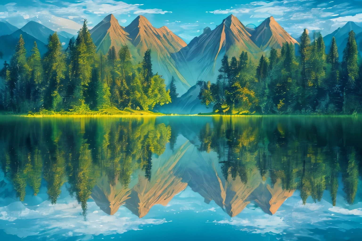 Reflections shimmer in the serene waters, mirroring the majestic silhouette of towering mountains and lush forests. This stunning photograph captures the beauty of nature mirrored back to us, with crisp details and vibrant colors that bring the scenes to life. The calm, glassy surface of the water perfectly reflects the intricate landscapes, creating a mesmerizing image that evokes a sense of tranquility and awe.