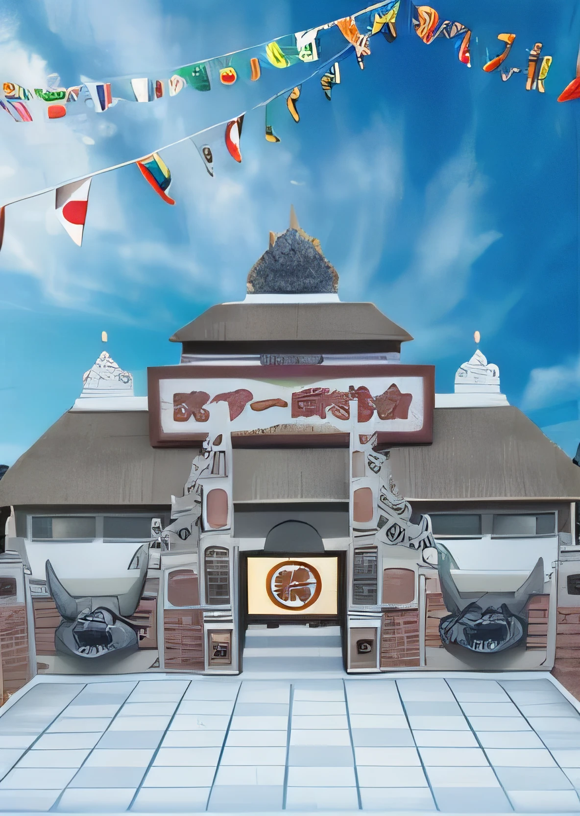Here is a photo of a building with a flag and a sign, temple background, anime Yuru Camp, Madhouse Studio Anime Style, Yuru Camp, official artwork, feudal japanese setting, inspired by Tawaraya Sōtatsu, buddhist temple, a temple, japanese temple, anime, temple, Japanese street, background depicting a temple, Flags of Nations, Tenchi Martial Arts Association